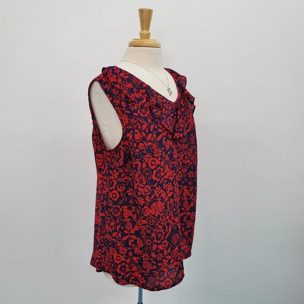 Terra & Sky Womens Sleeveless Floral High Low Blouse Top Size 0X Red Blue Ruffle